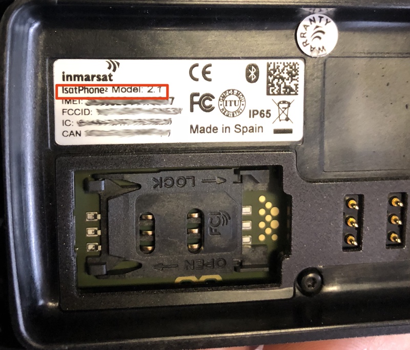 IsatPhone 2.1 label under the battery